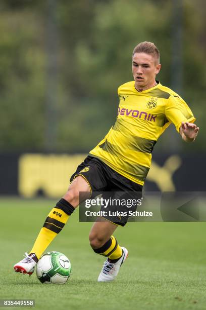 Max Fleer of Dortmund in action during the B Juniors Bundesliga match between Borussia Dortmund and FC Viktoria Koeln on August 19, 2017 in Dortmund,...