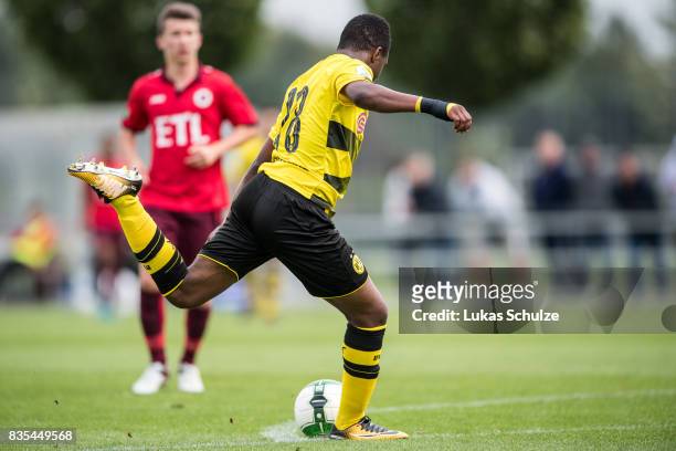 Youssoufa Moukoko of Dortmund scores during the B Juniors Bundesliga match between Borussia Dortmund and FC Viktoria Koeln on August 19, 2017 in...
