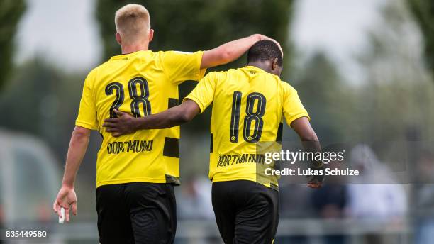 Malte Wengerowski and Youssoufa Moukoko celebrate a goal during the B Juniors Bundesliga match between Borussia Dortmund and FC Viktoria Koeln on...