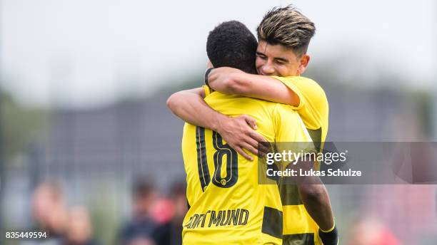 Youssoufa Moukoko of Dortmund and Lucas Klantzos of Dortmund celebrate a goal during the B Juniors Bundesliga match between Borussia Dortmund and FC...