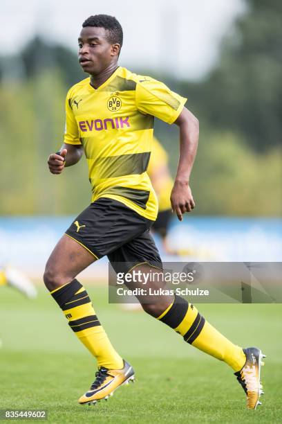 Youssoufa Moukoko of Dortmund in action during the B Juniors Bundesliga match between Borussia Dortmund and FC Viktoria Koeln on August 19, 2017 in...