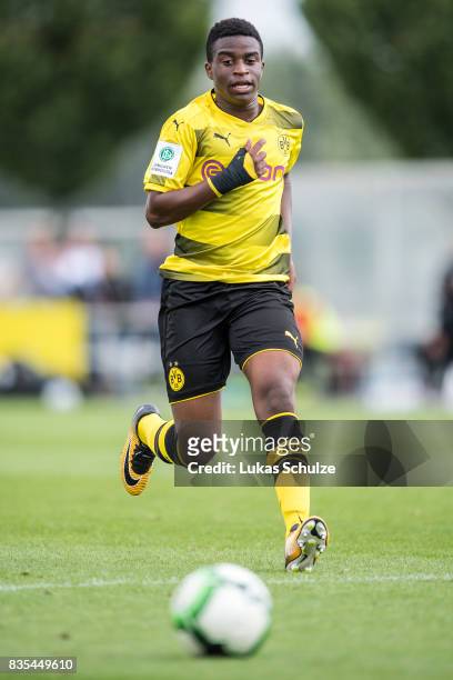 Youssoufa Moukoko of Dortmund in action during the B Juniors Bundesliga match between Borussia Dortmund and FC Viktoria Koeln on August 19, 2017 in...