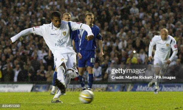 Leeds United's Jermaine Beckford takes a penalty only to see it saved by Millwall goalkeeper David Forde during the Coca-Cola Football League One...