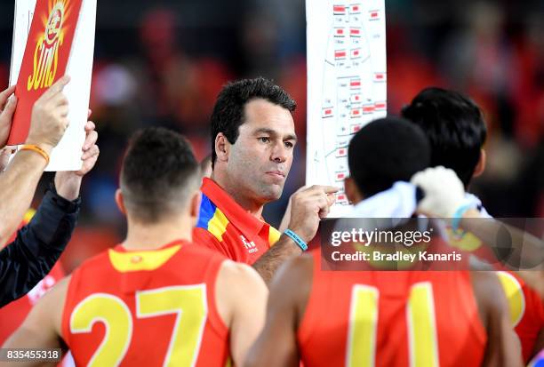 Coach Dean Solomon of the Suns talks to his players at the 3rd quarter time break during the round 22 AFL match between the Gold Coast Suns and the...