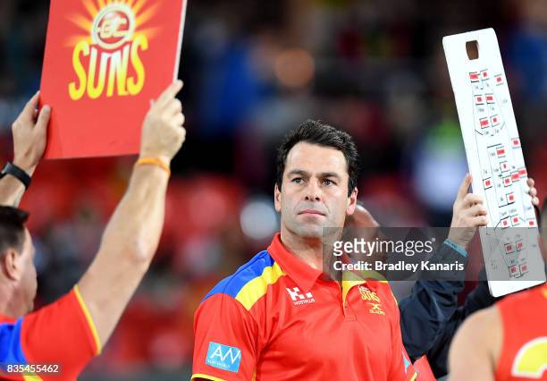 Coach Dean Solomon of the Suns at the 3rd quarter time break during the round 22 AFL match between the Gold Coast Suns and the Essendon Bombers at...
