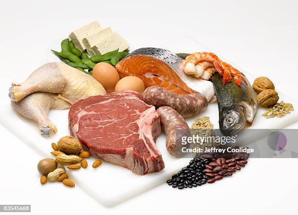 meat and beans food group still life - food groups stockfoto's en -beelden