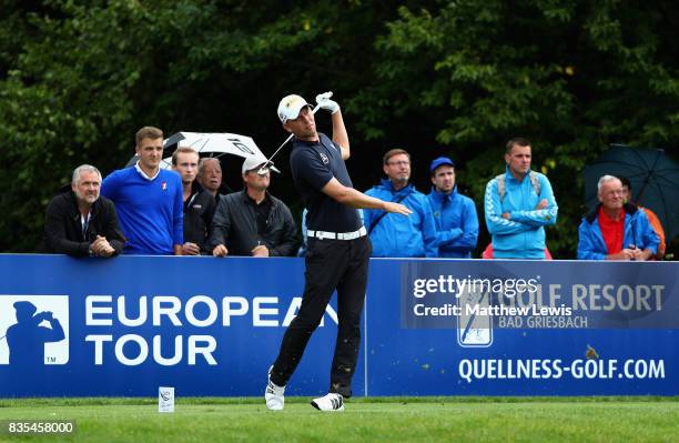 Marcel Siem of Germany tees off on the 4th during day three of the Saltire Energy Paul Lawrie Matchplay at Golf Resort Bad Griesbach on August 19,...