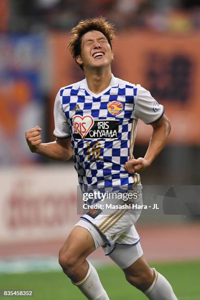 Hirotaka Mita of Vegalta Sendai celebrates scoring his side's second goal during the J.League J1 match between Albirex Niigata and Vegalta Sendai at...