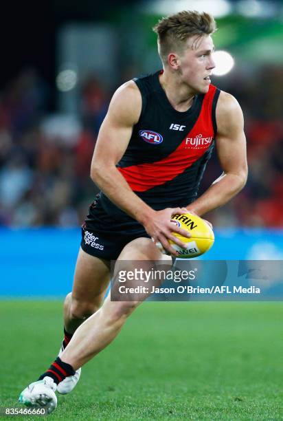 Joshua Begley of the Bombers in action during the round 22 AFL match between the Gold Coast Suns and the Essendon Bombers at Metricon Stadium on...