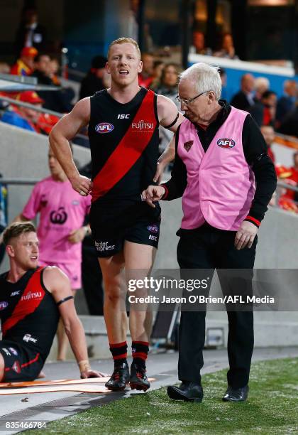 Josh Green of the Bombers during the round 22 AFL match between the Gold Coast Suns and the Essendon Bombers at Metricon Stadium on August 19, 2017...