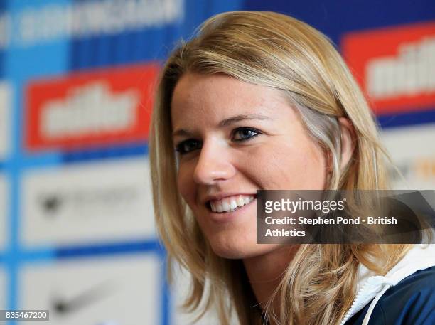 Dafne Schippers of Netherlands speak during a press conference ahead of the Muller Grand Prix and IAAF Diamond League event at Alexander Stadium on...