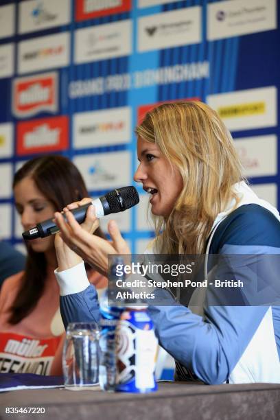 Dafne Schippers of Netherlands speak during a press conference ahead of the Muller Grand Prix and IAAF Diamond League event at Alexander Stadium on...