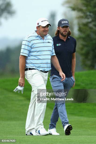 Anthony Wall of England and Johan Carlson of Sweden walk down the 5th during day three of the Saltire Energy Paul Lawrie Matchplay at Golf Resort Bad...