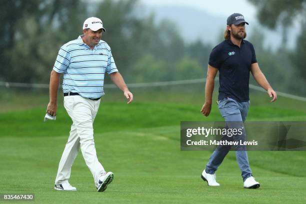 Anthony Wall of England and Johan Carlson of Sweden walk down the 5th during day three of the Saltire Energy Paul Lawrie Matchplay at Golf Resort Bad...
