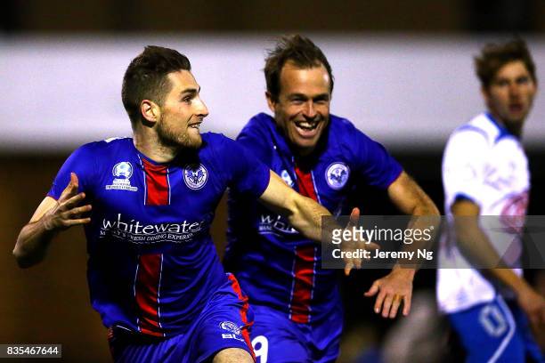 Leigh Egger of Manly United celebrates his goal during the NSW NPL 1 Elimination Final between Manly United FC and Sydney Olympic FC at Cromer Park...