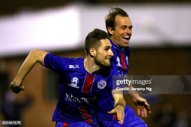 Leigh Egger of Manly United celebrates his goal during the NSW NPL 1 Elimination Final between Manly United FC and Sydney Olympic FC at Cromer Park...