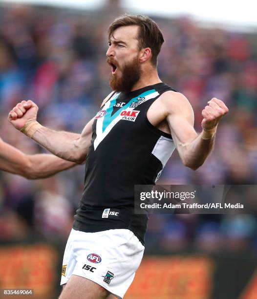 Charlie Dixon of the Power celebrates a goal during the 2017 AFL round 22 match between the Western Bulldogs and the Port Adelaide Power at Mars...
