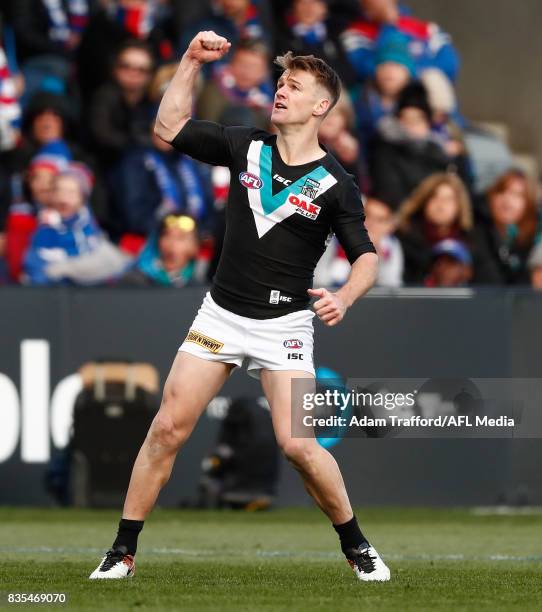 Robbie Gray of the Power celebrates a goal during the 2017 AFL round 22 match between the Western Bulldogs and the Port Adelaide Power at Mars...