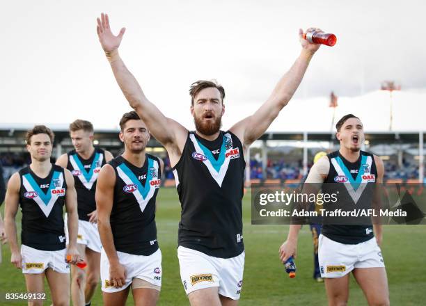 Charlie Dixon of the Power thanks fans during the 2017 AFL round 22 match between the Western Bulldogs and the Port Adelaide Power at Mars Stadium on...