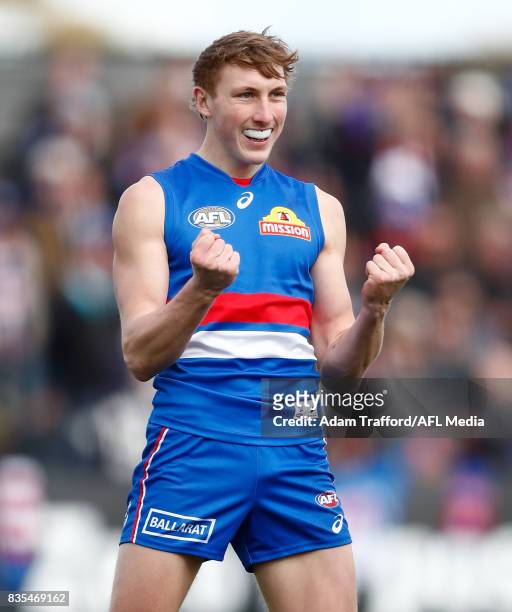 Bailey Dale of the Bulldogs celebrates a goal during the 2017 AFL round 22 match between the Western Bulldogs and the Port Adelaide Power at Mars...