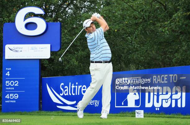 Anthony Wall of England tees off on the 6th during day three of the Saltire Energy Paul Lawrie Matchplay at Golf Resort Bad Griesbach on August 19,...