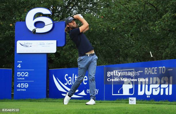Johan Carlsson of Sweden tees off on the 6th during day three of the Saltire Energy Paul Lawrie Matchplay at Golf Resort Bad Griesbach on August 19,...