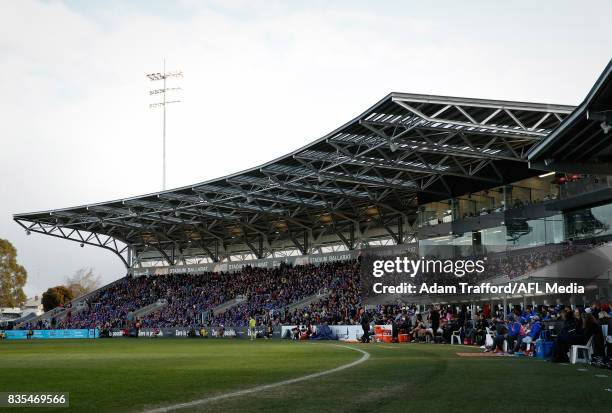 General view of the main grandstand during the 2017 AFL round 22 match between the Western Bulldogs and the Port Adelaide Power at Mars Stadium on...