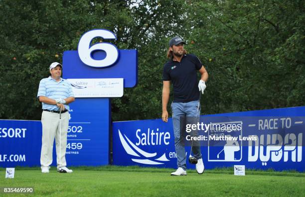 Johan Carlsson of Sweden tees off on the 6th during day three of the Saltire Energy Paul Lawrie Matchplay at Golf Resort Bad Griesbach on August 19,...