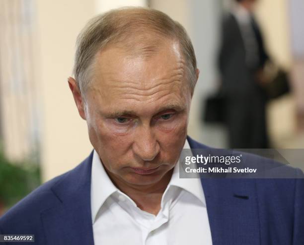 Russian President Vladimir Putin observes a newly opened school on August 18, 2017 on Sevastopol, Crimea. Vladimir Putin is in a three day trip to...