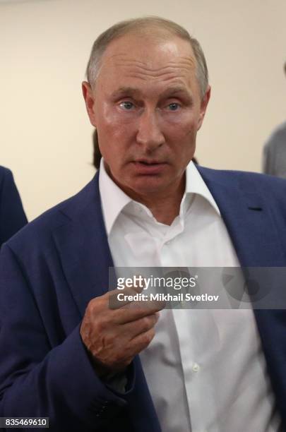 Russian President Vladimir Putin speaks while visiting a newly opened school on August 18, 2017 on Sevastopol, Crimea. Vladimir Putin is in a three...