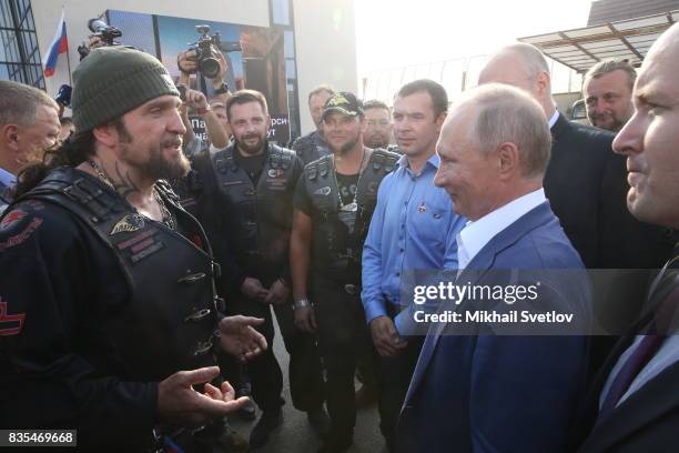 Russian President Vladimir Putin meets Night Wolves Bikers Club President Alexander Zaldostanov, also known as "Khirurg" and bikers from Germany on...