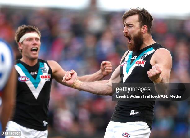 Charlie Dixon of the Power celebrates a goal during the 2017 AFL round 22 match between the Western Bulldogs and the Port Adelaide Power at Mars...