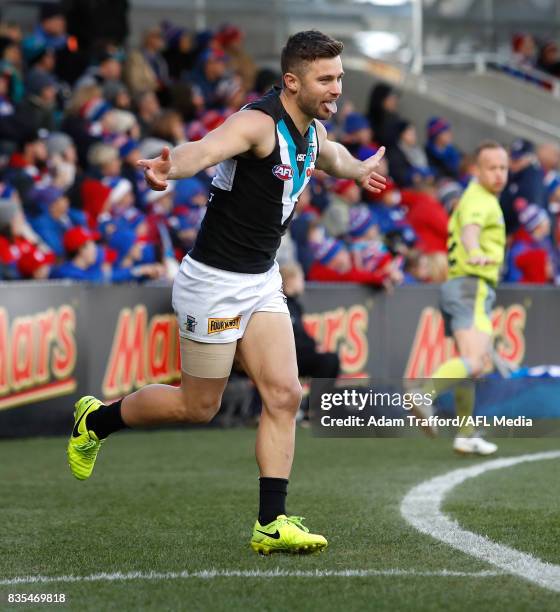 Sam Gray of the Power celebrates a goal during the 2017 AFL round 22 match between the Western Bulldogs and the Port Adelaide Power at Mars Stadium...