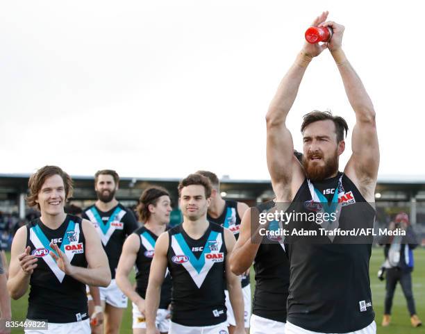 Charlie Dixon of the Power thanks fans during the 2017 AFL round 22 match between the Western Bulldogs and the Port Adelaide Power at Mars Stadium on...