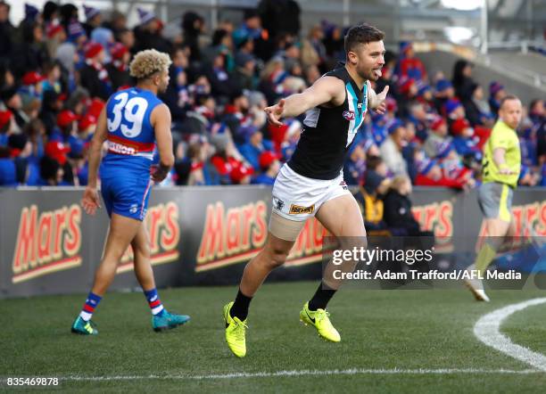 Sam Gray of the Power celebrates a goal during the 2017 AFL round 22 match between the Western Bulldogs and the Port Adelaide Power at Mars Stadium...
