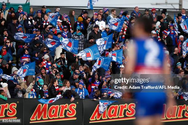 Bulldogs fans celebrate during the 2017 AFL round 22 match between the Western Bulldogs and the Port Adelaide Power at Mars Stadium on August 19,...