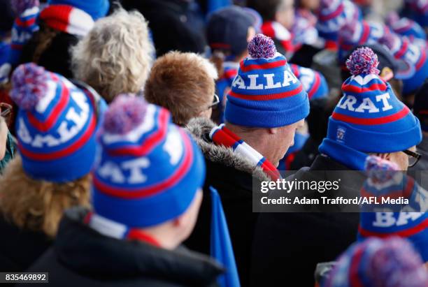 Bulldogs supporters wear Ballarat beanies during the 2017 AFL round 22 match between the Western Bulldogs and the Port Adelaide Power at Mars Stadium...
