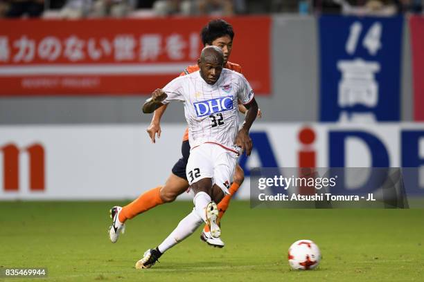 Victor Ibarbo of Sagan Tosu scores the opening goal during the J.League J1 match between Sagan Tosu and Omiya Ardija at Best Amenity Stadium on...
