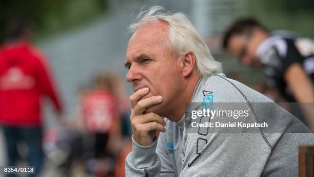 Coach Peter Vollmann of Aalen looks on prior to the 3. Liga match between SG Sonnenhof Grossaspach and VfR Aalen at on August 19, 2017 in...