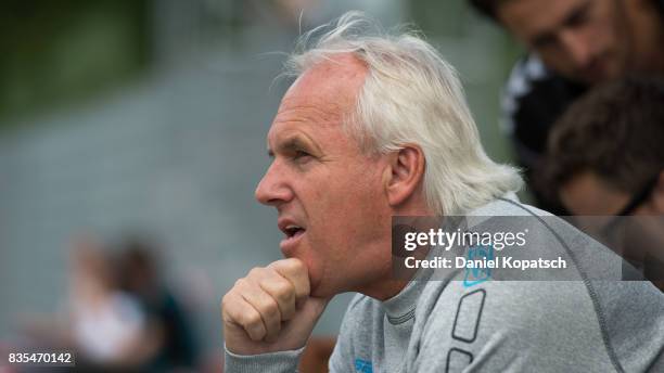 Coach Peter Vollmann of Aalen looks on prior to the 3. Liga match between SG Sonnenhof Grossaspach and VfR Aalen at on August 19, 2017 in...