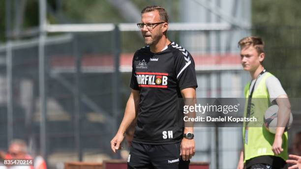 Coach Sascha Hildmann of Grossaspach reacts during the 3. Liga match between SG Sonnenhof Grossaspach and VfR Aalen at on August 19, 2017 in...