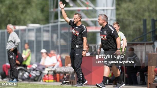 Coach Sascha Hildmann of Grossaspach reacts during the 3. Liga match between SG Sonnenhof Grossaspach and VfR Aalen at on August 19, 2017 in...