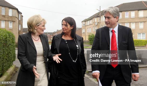 Margaret Curran , Scottish Labour leader Iain Gray and Christine Halley , mother of Stuart Baillie who died after being stabbed in 2007, during the...