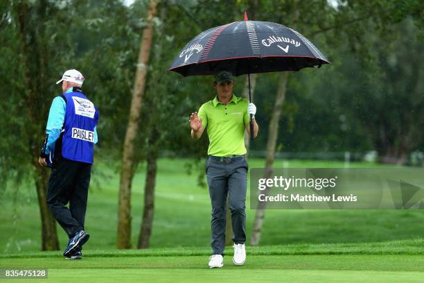 Chris Paisley of England reacts after he chips in on the 4th during day three of the Saltire Energy Paul Lawrie Matchplay at Golf Resort Bad...