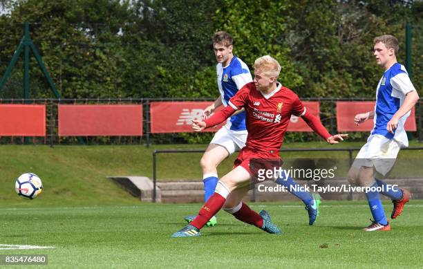 Luis Longstaff of Liverpool has a shot on goal during the Liverpool v Blackburn Rovers U18 Premier League game at The Kirkby Academy on August 19,...