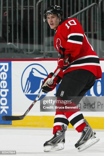 Matt Halischuk of the New Jersey Devils skates during the game against the Toronto Maple Leafs on October 29, 2008 at the Prudential Center in...