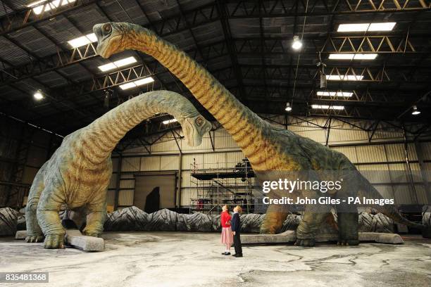 Children visiting the set of the Walking With Dinosaurs show at Tockwith, North Yorkshire, admire two Brachiosaurus animatronic models as they move...