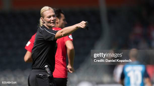 Referee Bibiana Steinhaus reacts during the 3. Liga match between SG Sonnenhof Grossaspach and VfR Aalen at on August 19, 2017 in Grossaspach,...