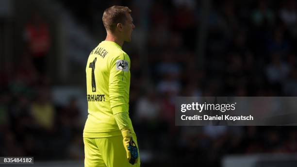 Daniel Bernhardt of Aalen reacts during the 3. Liga match between SG Sonnenhof Grossaspach and VfR Aalen at on August 19, 2017 in Grossaspach,...