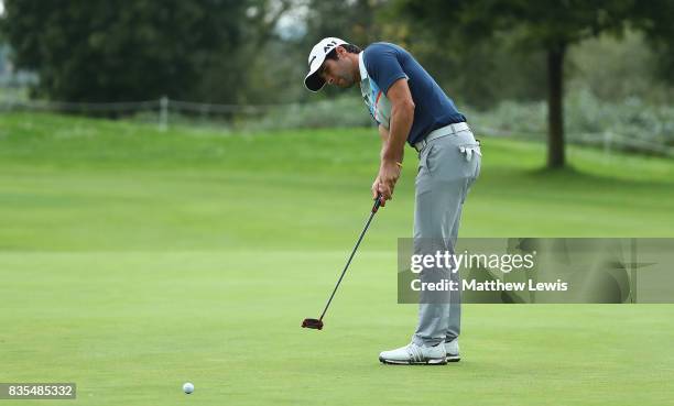 Adrian Oteagui of Spain makes a putt on the 5th green during day three of the Saltire Energy Paul Lawrie Matchplay at Golf Resort Bad Griesbach on...